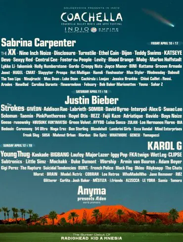 Coachella 2026 : la programmation complète dévoilée avec Sabrina Carpenter, Justin Bieber et Karol G en têtes d'affiche 12 Coachella 2026 : la programmation complète dévoilée avec Sabrina Carpenter, Justin Bieber et Karol G en têtes d'affiche