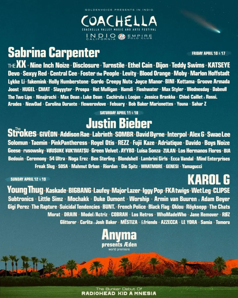 Coachella 2026 : la programmation complète dévoilée avec Sabrina Carpenter, Justin Bieber et Karol G en têtes d'affiche 4 Coachella 2026