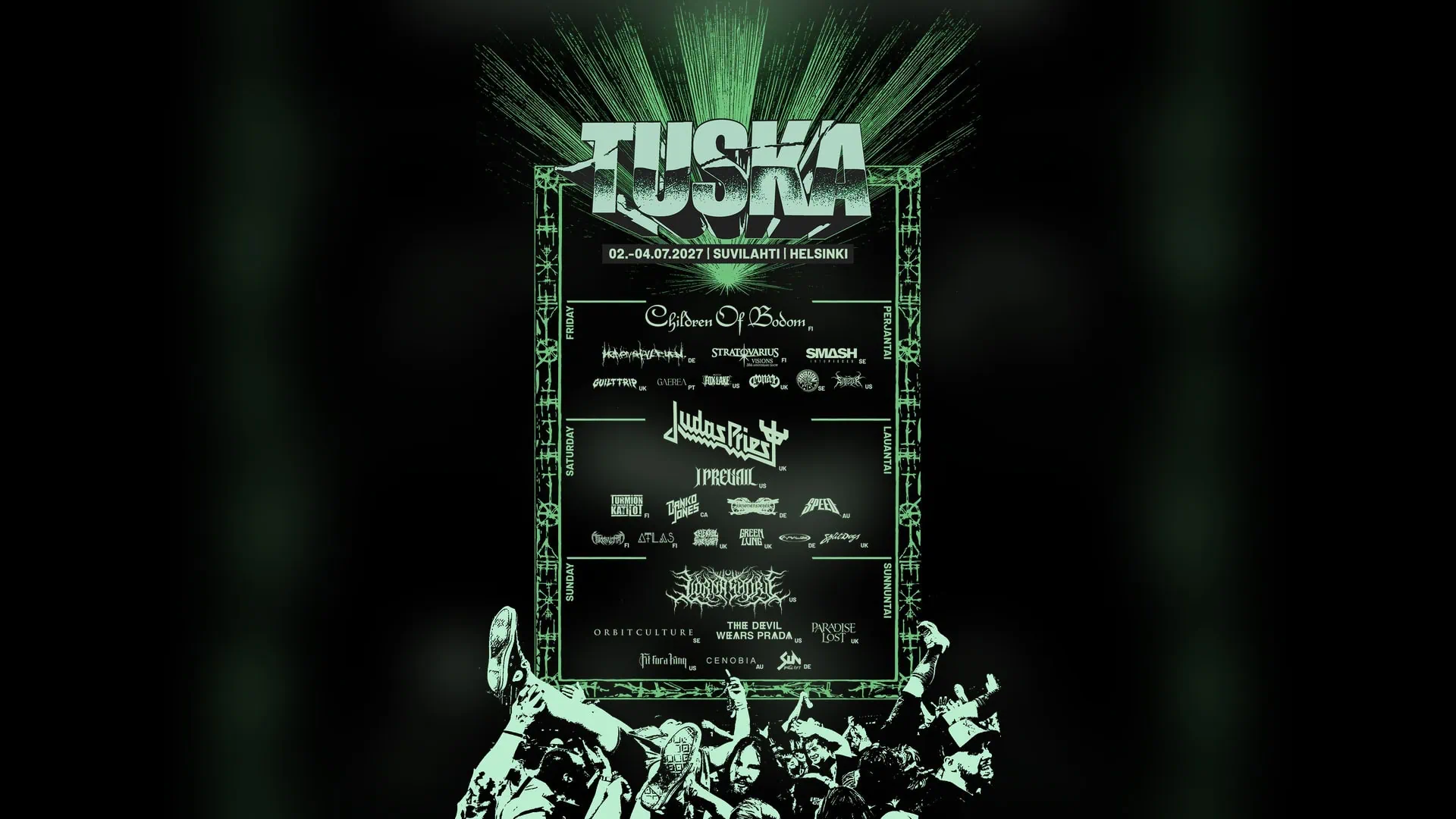 Tuska 2027 : programmation par jour, Judas Priest et Children Of Bodom 3 Photo de couverture de Lorna Shore et Paradise Lost pour clu00f4turer le Tuska 2027 - Children Of Bodom en tu00eate d'affiche du Tuska 2027